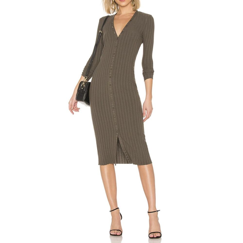 Enza Costa Olive Rib Knit Long Sleeve V-Neck Cardigan Midi Dress Medium
